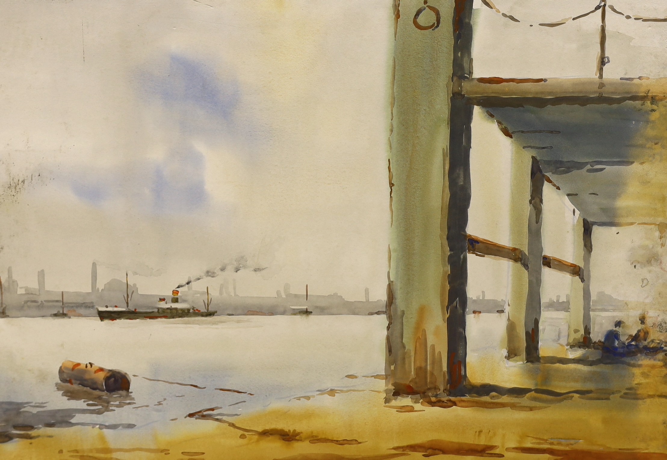 Sydney Vale (b.1916) Wapping Group, two watercolours, Fishing boat at low tide and Harbour scene, one signed, 54 x 76cm, unframed (damp damage)